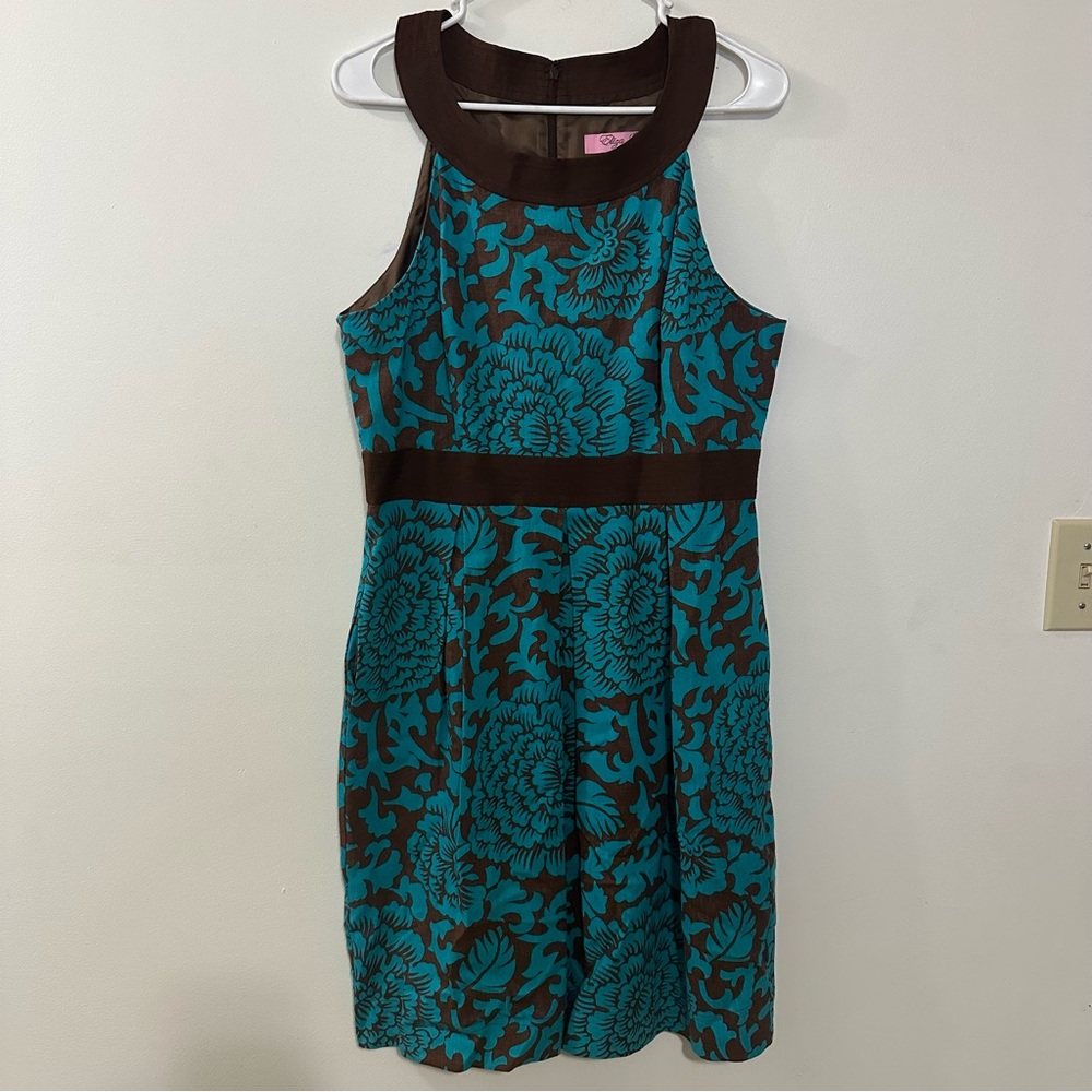 ELIZA J BROWN AQUA‎ LINEN FLORAL PRINT DRESS SIZE 12